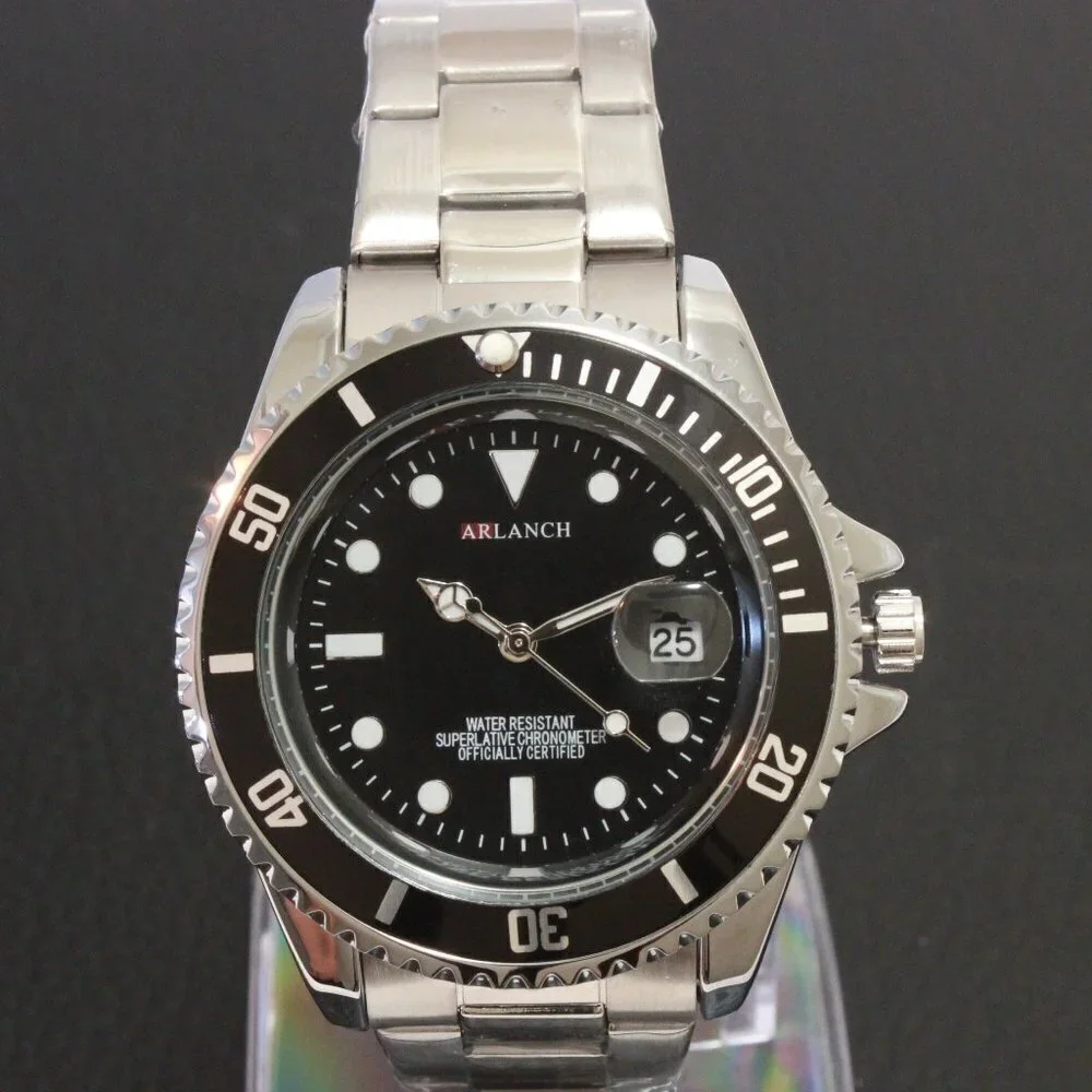 Men's Diver Style Watch Black Uni-directional Bezel Stainless Bracelet 40mm